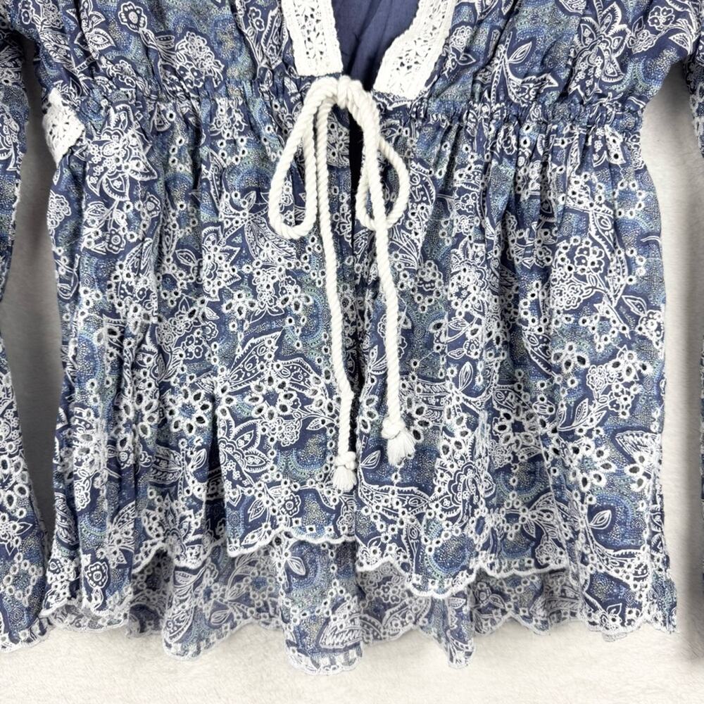 Free People Anissa Bed Jacket Eyelet Lace Tie Front Blue Combo Size S Beach Boho - Picture 8 of 15